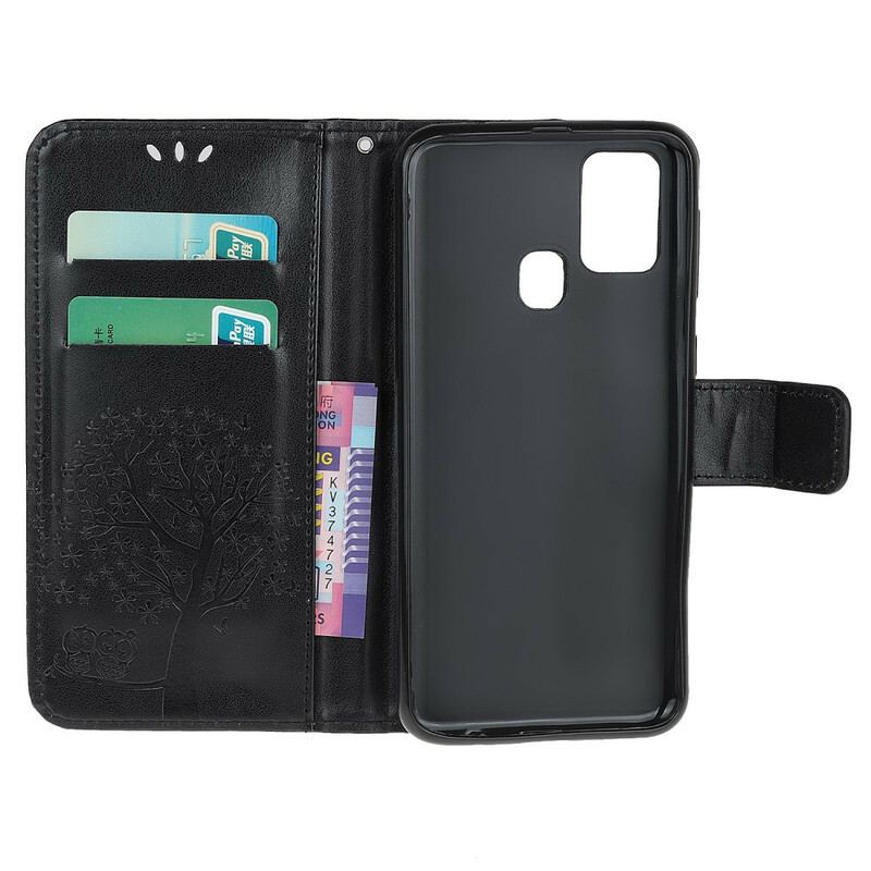 Housse Samsung Galaxy A21s Arbre et Hiboux à Lanière