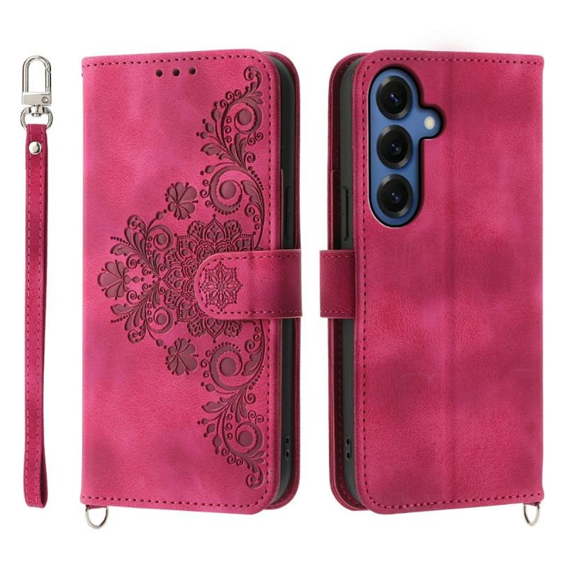 Housse Samsung Galaxy S26 Motif Floral Effet Daim avec Sangles
