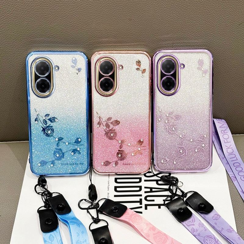 Coque Poco C71 4G Fleurs et Strass et Lanières KADEM