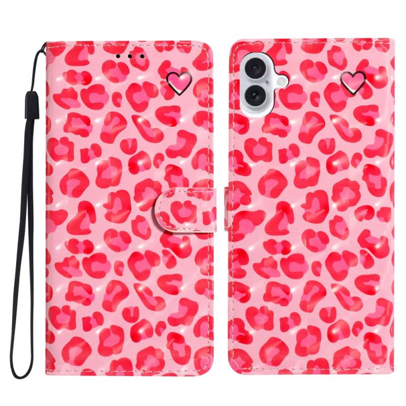 Housse iPhone 16 Plus Imprimé Léopard Rose à Lanière