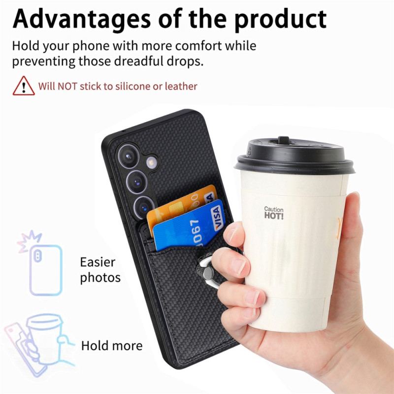 Coque Samsung Galaxy S25 Plus 5G Porte-Cartes et Anneau-Support en Fibre Carbone