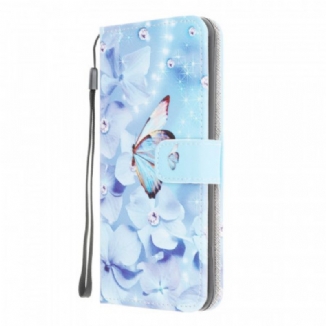 Housse Samsung Galaxy M32 Papillons Diamants à Lanière