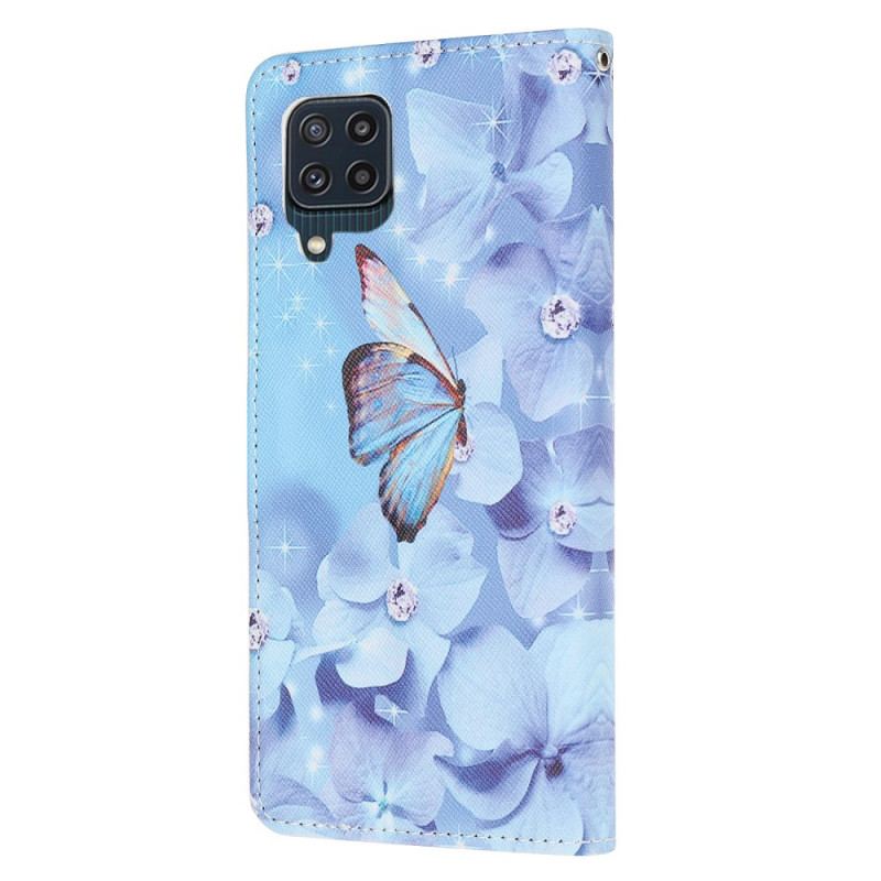 Housse Samsung Galaxy M32 Papillons Diamants à Lanière