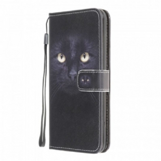 Housse Samsung Galaxy M32 Yeux de Chat Noir à Lanière