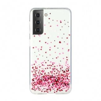 Coque Samsung Galaxy S21 Plus 5G Transparente Multiples Coeurs Rouges