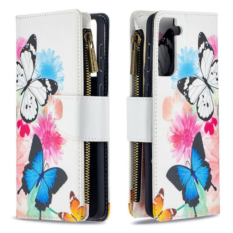 Housse Samsung Galaxy S21 Plus 5G Poche Zippée Papillons