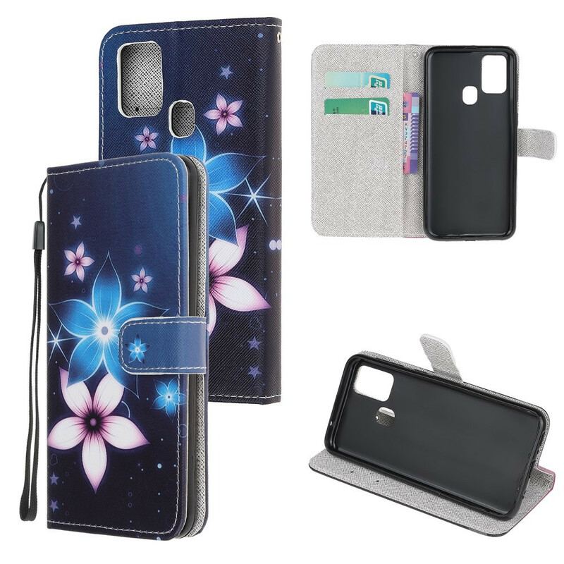 Housse Samsung Galaxy M21 Fleurs Lunaires à Lanière