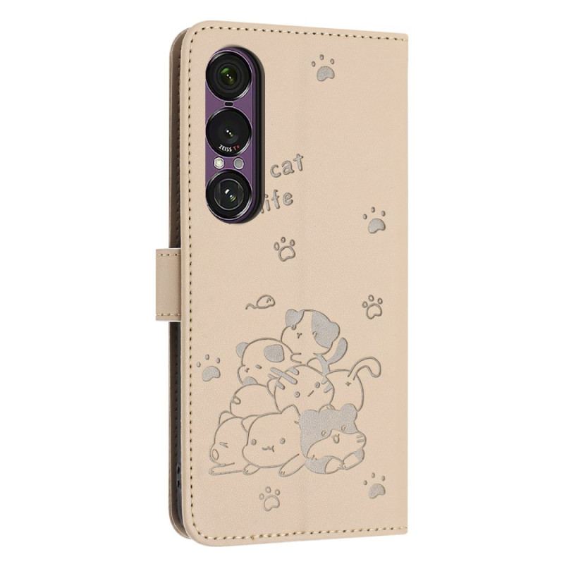 Housse Sony Xperia 1 VII Chats Cartoon à Lanière