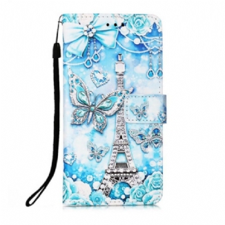 Housse iPhone 13 Pro Tour Eiffel Papillons à Lanière