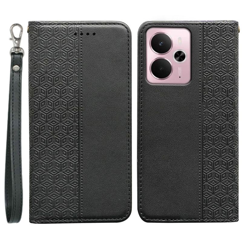 Flip Cover Realme 14 5G Frise à Carreaux et Lanière