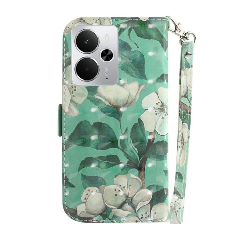 Housse Realme 14 5G Fleurs Blanches à Lanière