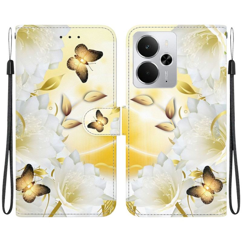 Housse Realme 14 5G Papillons Dorés et Fleurs Blanches