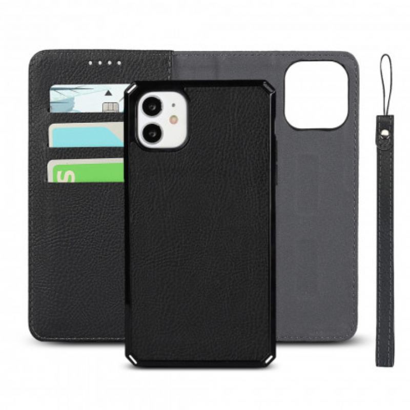 Flip Cover iPhone 11 Cuir Litchi Véritable à Lanière