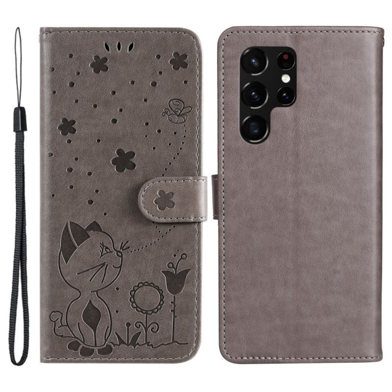 Housse Samsung Galaxy S22 Ultra 5G Chat et Abeille à Lanière