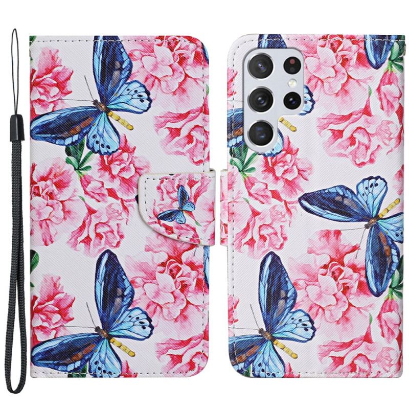 Housse Samsung Galaxy S22 Ultra 5G Papillons Floraux Lanière