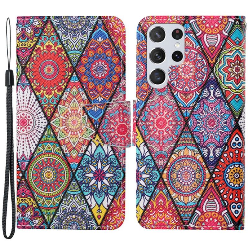 Housse Samsung Galaxy S22 Ultra 5G Patchwork avec Lanière