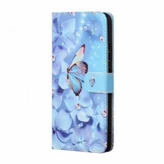 Housse Samsung Galaxy A13 5G / A04s Papillons Diamants à Lanière