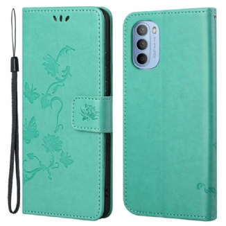 Housse Moto G41 / G31 Papillons et Fleurs à Lanière