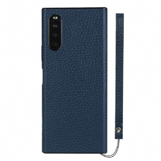 Coque Sony Xperia 10 II Véritable Cuir Litchi avec Lanière